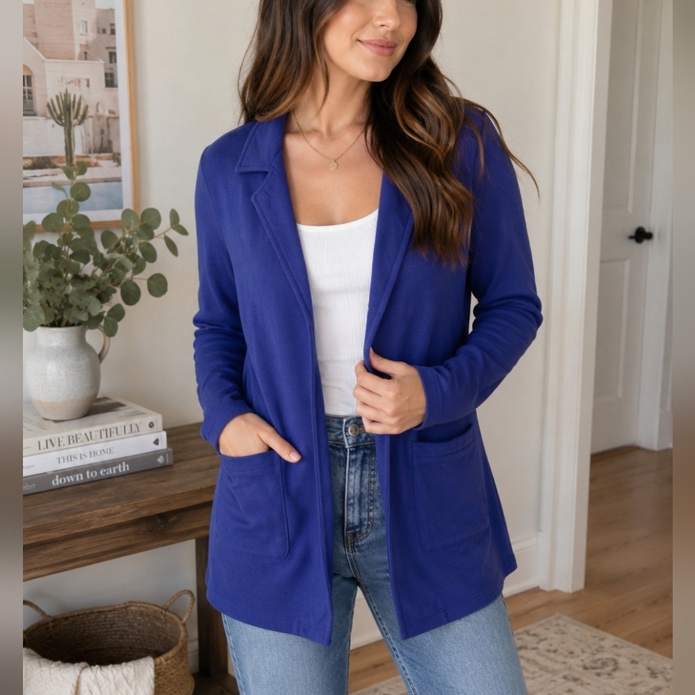 Charlotte Russe Open Front Cardigan Blazer Blue Knit Jacket Size Large